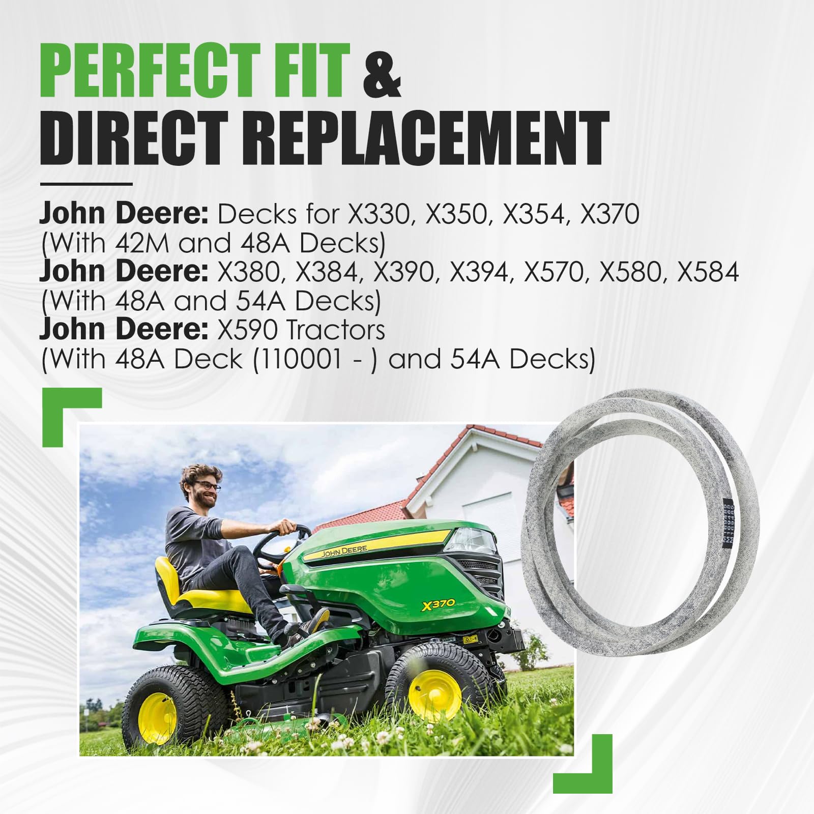 GEATaaT correa instalada en deck John Deere, montaje directo y ajuste sencillo