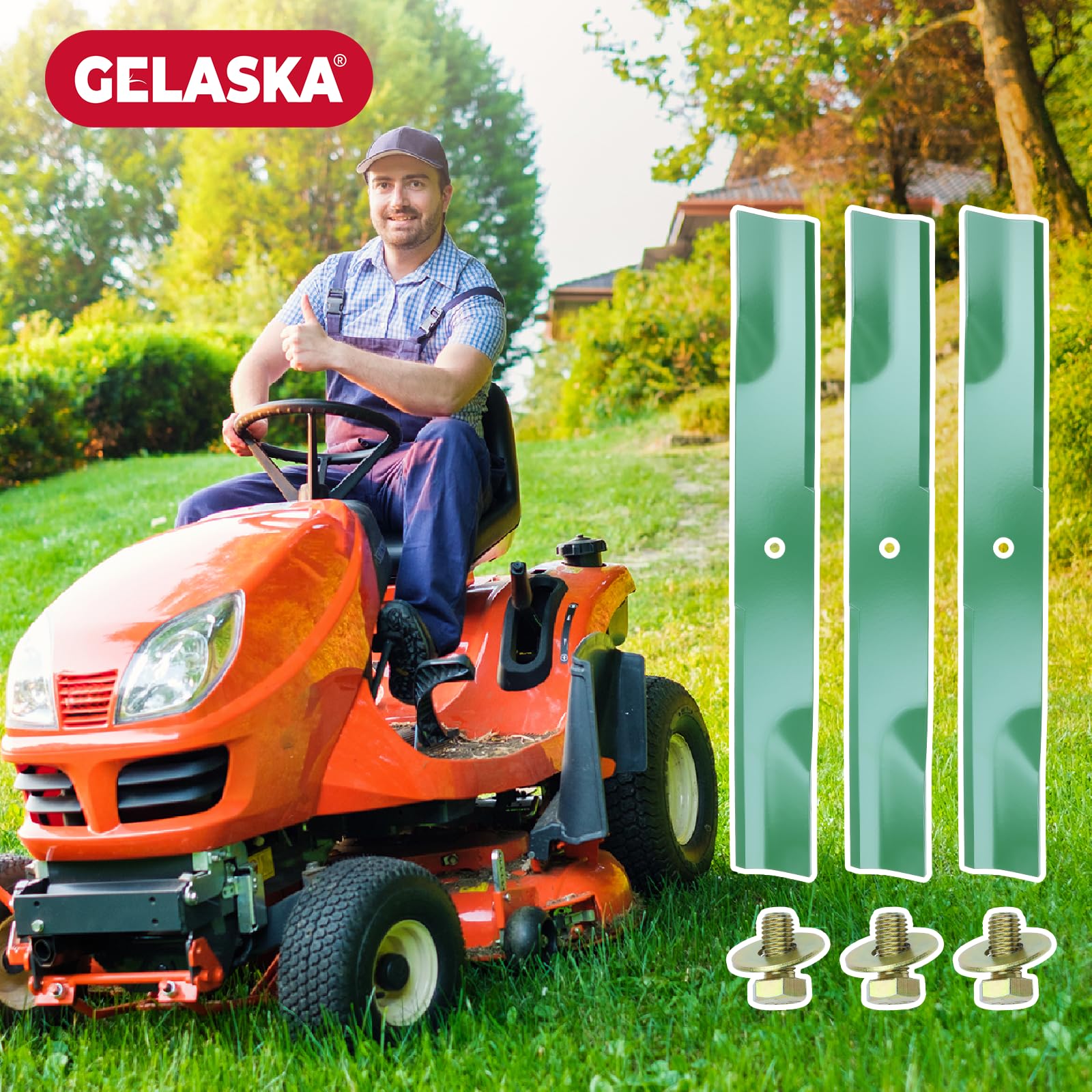 GELASKA cuchilla instalada en cortacésped en jardín, rendimiento profesional