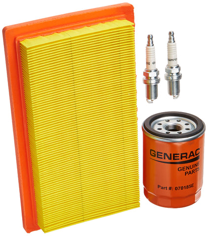 Generac empaque frontal del kit mostrando piezas organizadas y garantía
