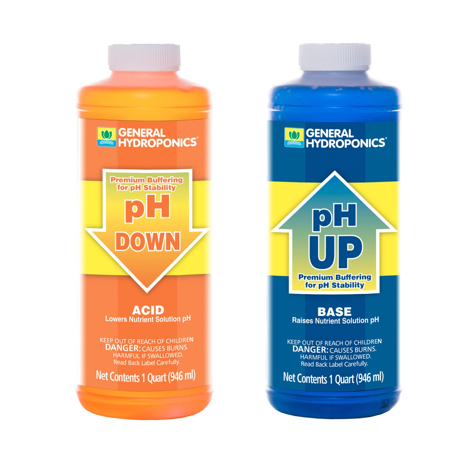 General Hydroponics botellas frontal mostrando etiquetas y beneficio de ajuste de pH