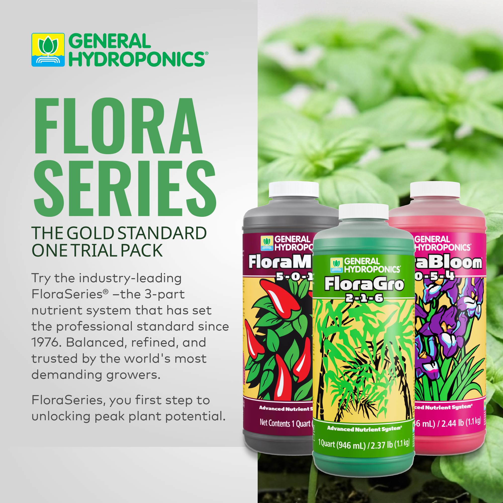 General Hydroponics etiqueta en primer plano con información de nutrientes y lectura fácil