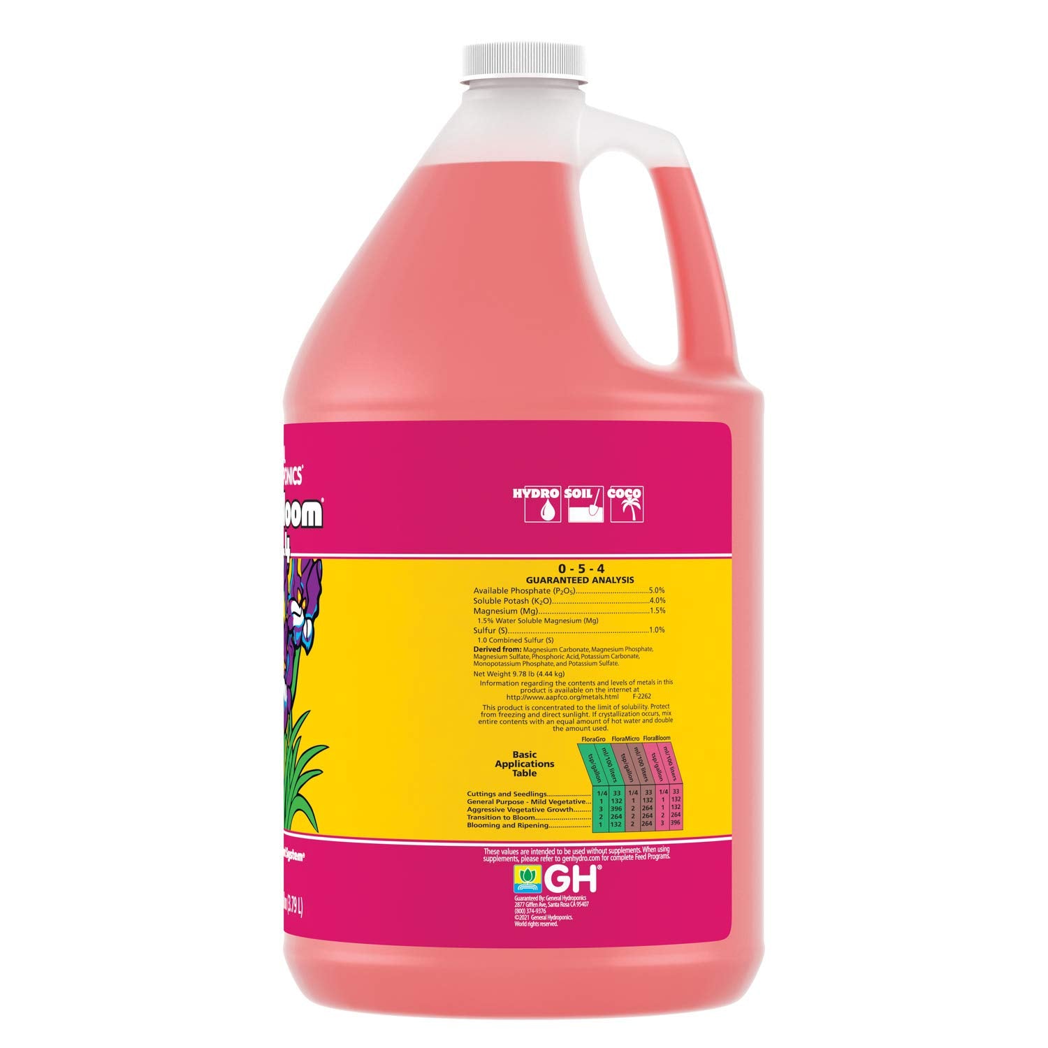 General Hydroponics líquido magenta vertiéndose para ilustrar textura y solubilidad