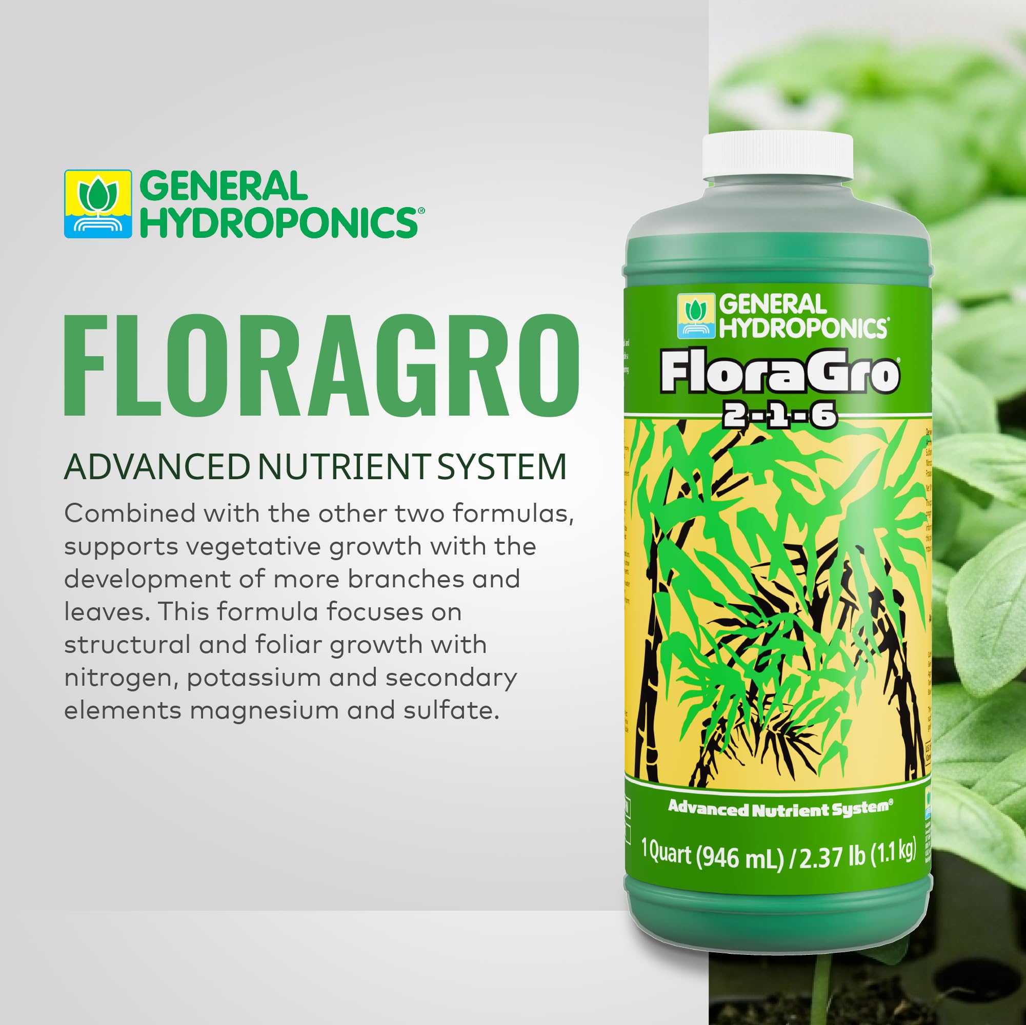 General Hydroponics etiqueta FloraGro detalle legible para dosificación precisa