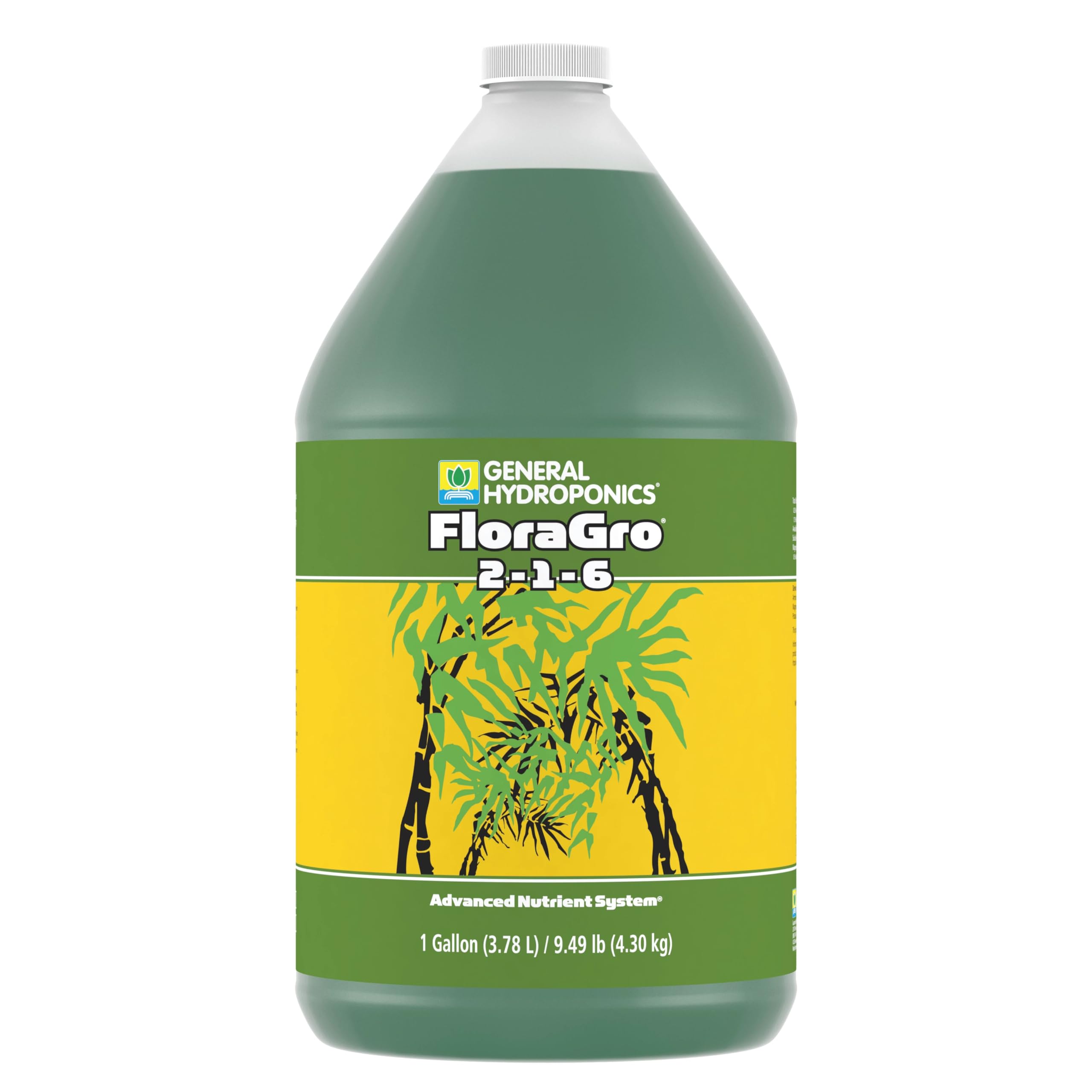 General Hydroponics floragro vista frontal del envase mostrando etiqueta clara y volumen