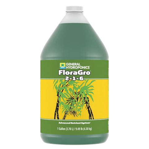 General Hydroponics floragro vista frontal del envase mostrando etiqueta clara y volumen