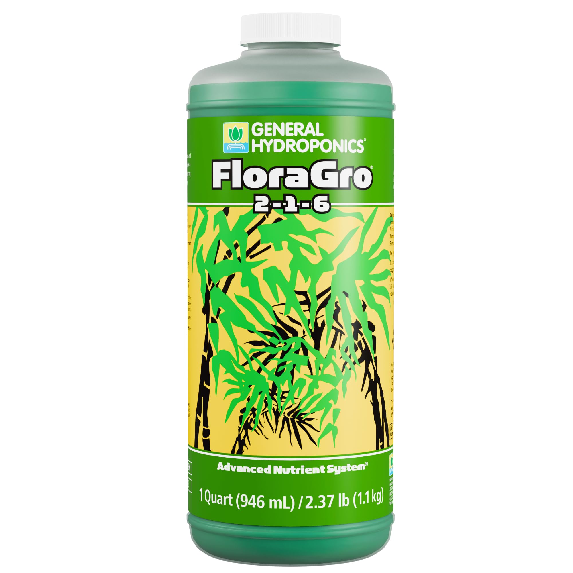 General Hydroponics frasco FloraGro frente mostrando identificación y volumen beneficioso