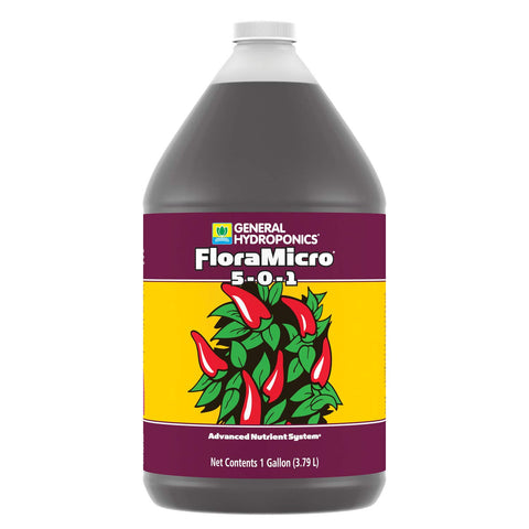 General Hydroponics envase frontal de FloraMicro 1 Gallon con identificación clara