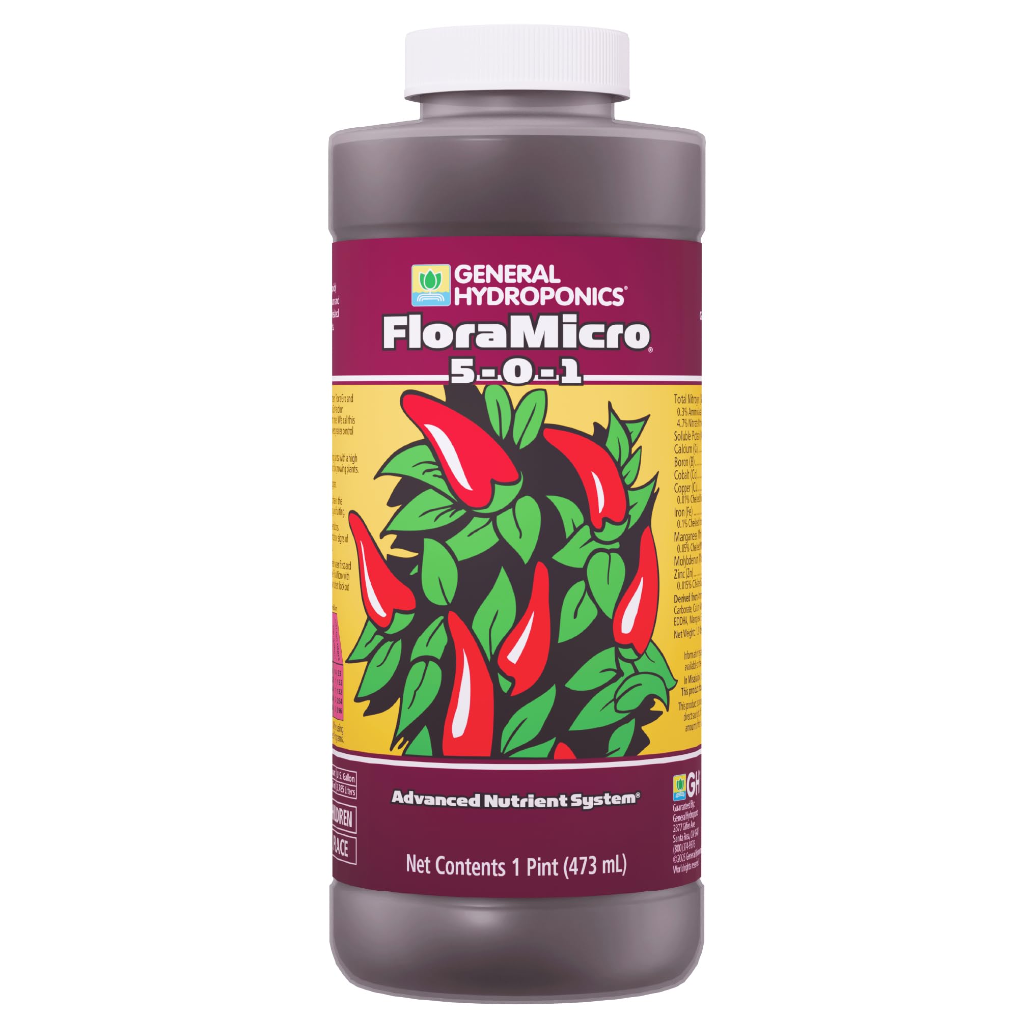 General Hydroponics botella frontal mostrando etiqueta clara y beneficios