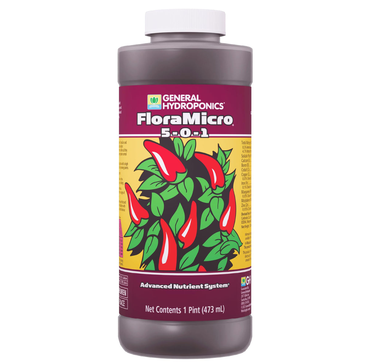 General Hydroponics botella frontal mostrando etiqueta clara y beneficios