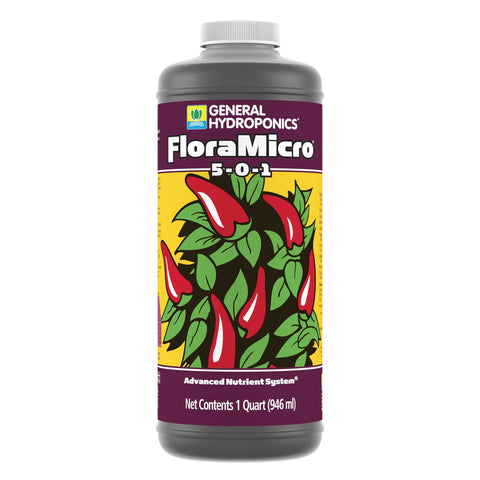 General Hydroponics envase frontal de FloraMicro mostrando etiqueta y beneficio de nutrientes equilibrados