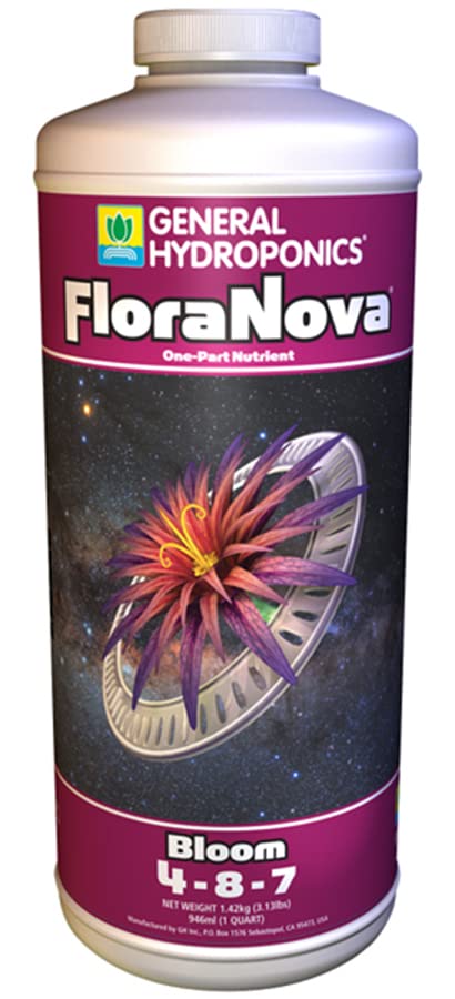General Hydroponics envase frontal de FloraNova Bloom mostrando etiqueta y uso para floración
