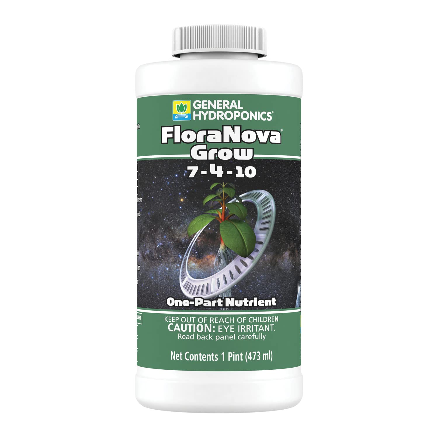 General Hydroponics frasco frontal mostrando etiqueta y concentración, fácil identificación