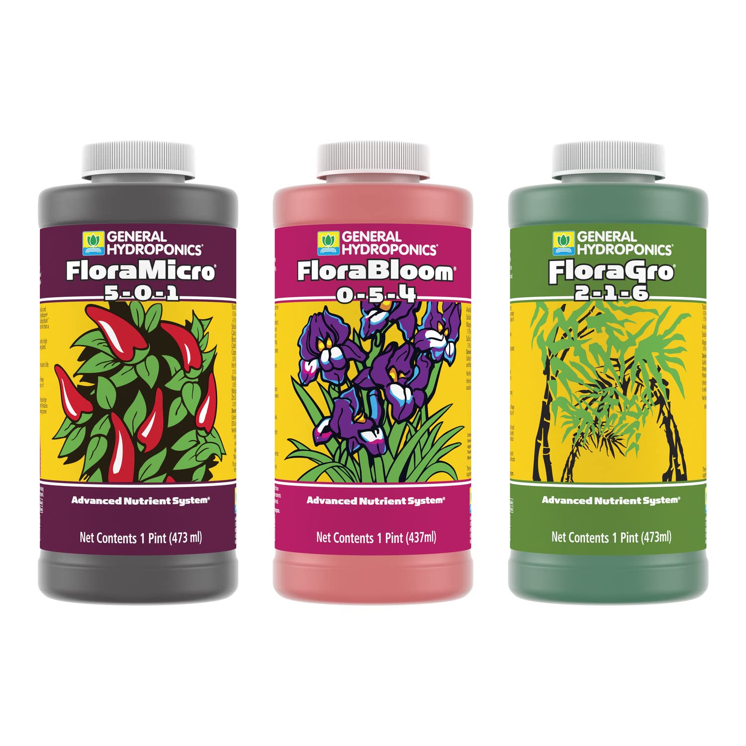 General Hydroponics frascos frontales mostrando las tres fórmulas y control de nutrientes