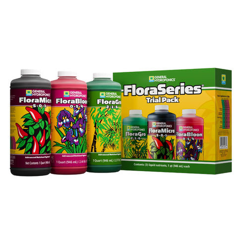 General Hydroponics vista frontal del pack Trial Pack mostrando tres botellas y beneficios de control