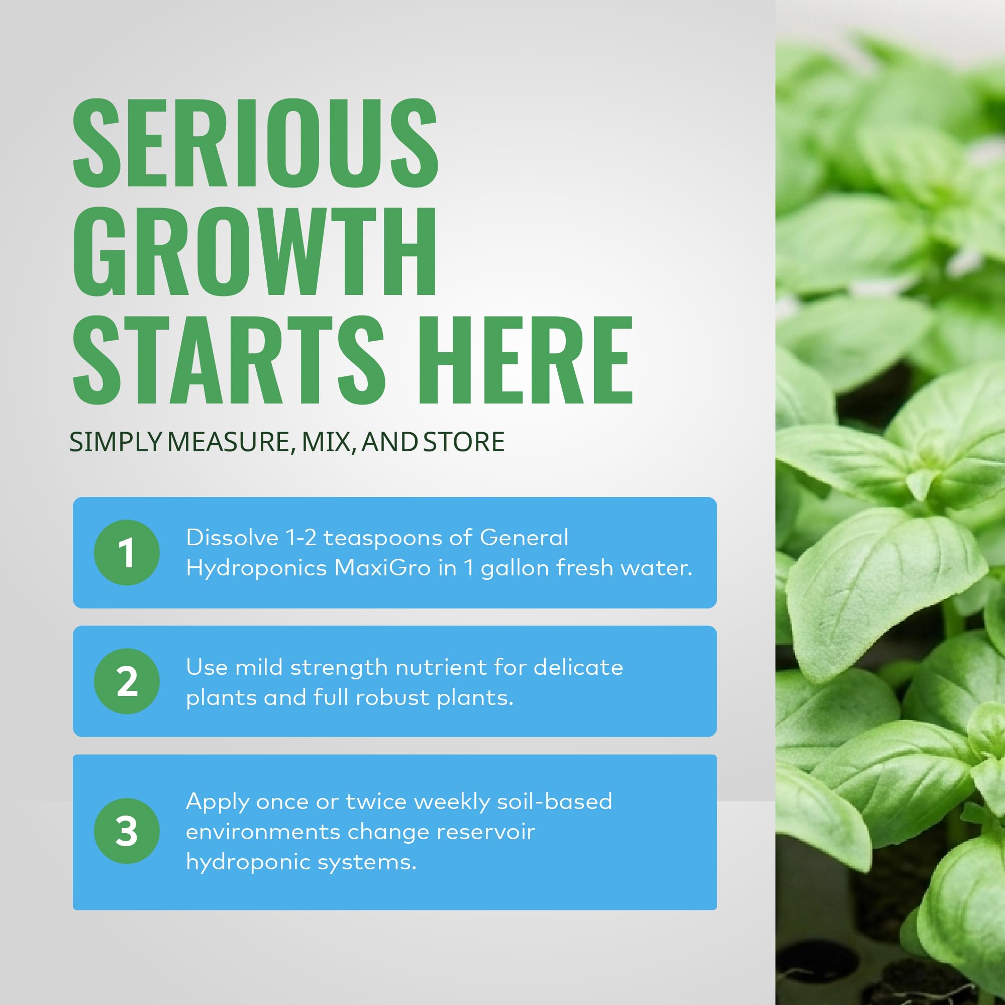 General Hydroponics MaxiGro etiqueta con instrucciones y componentes para dosificación precisa