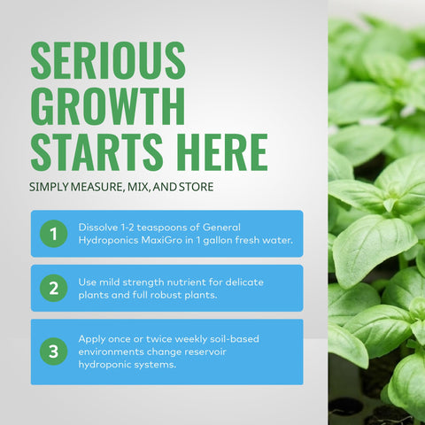 General Hydroponics MaxiGro etiqueta con instrucciones y componentes para dosificación precisa