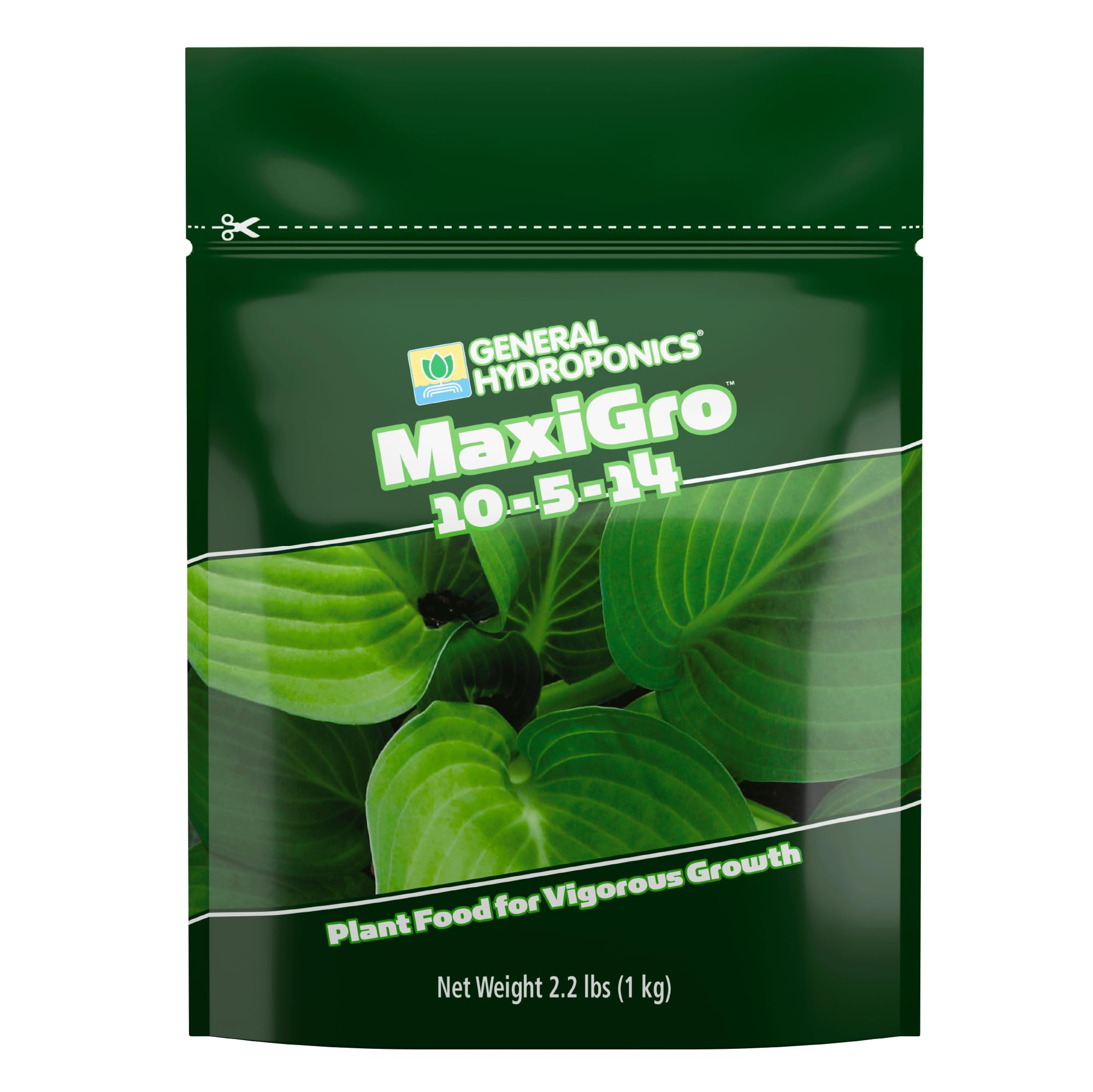 General Hydroponics MaxiGro vista frontal del envase con diseño y tamaño