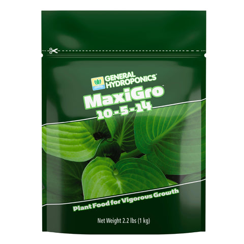 General Hydroponics MaxiGro vista frontal del envase con diseño y tamaño