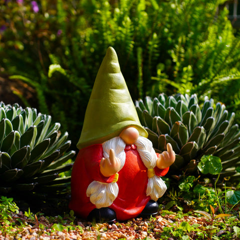 Generic gnomo colocado entre plantas en jardín, crea foco cómico y atractivo visual