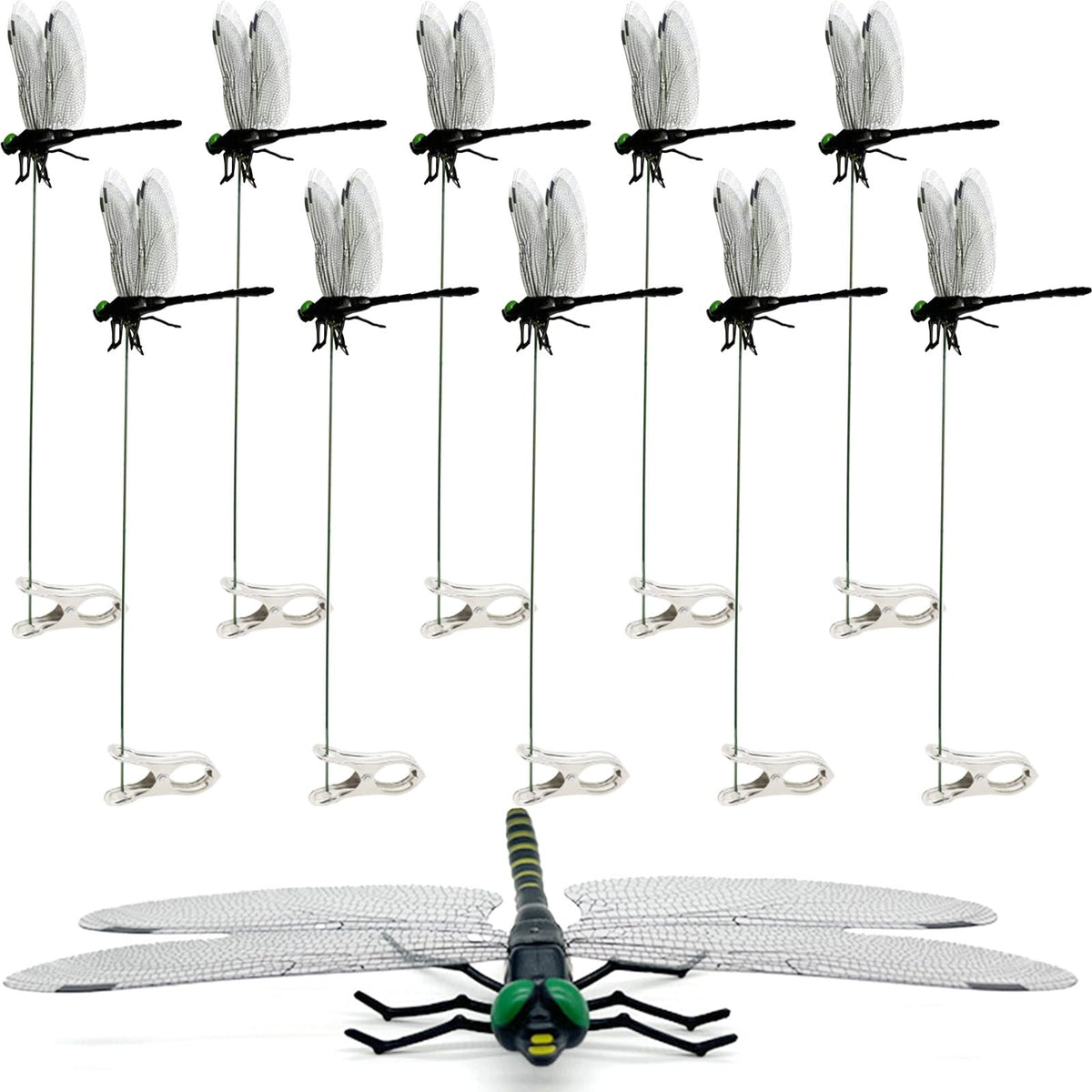 Generic libélula negra frontal mostrando diseño realista y efecto disuasorio