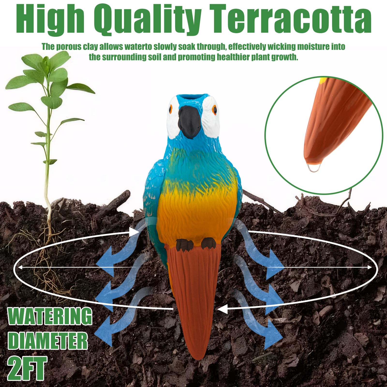 Generic pico parrot insertado en maceta interior con planta, mantiene humedad prolongada