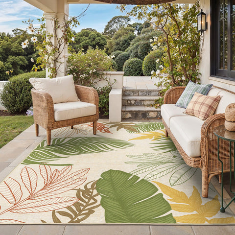 GENIMO alfombra frontal mostrando patrón beige verde y beneficio decorativo