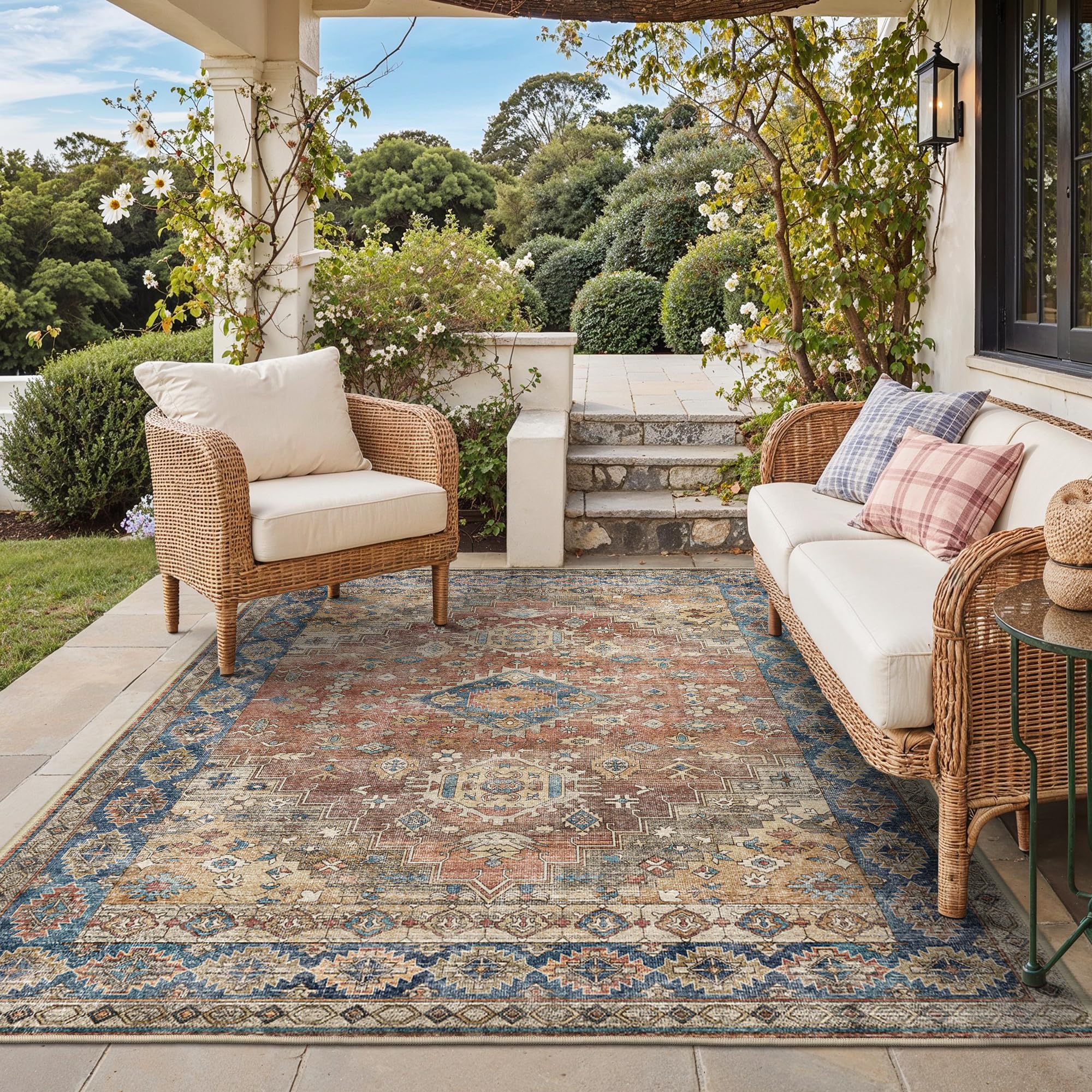 GENIMO alfombra 4x6 vista frontal mostrando color Antique Red y estilo boho
