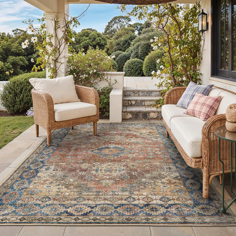 GENIMO alfombra 4x6 vista frontal mostrando color Antique Red y estilo boho