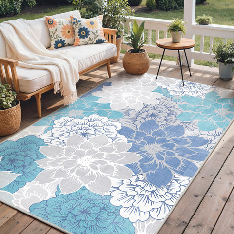 GENIMO alfombra frontal mostrando diseño floral y color aqua por beneficios estéticos