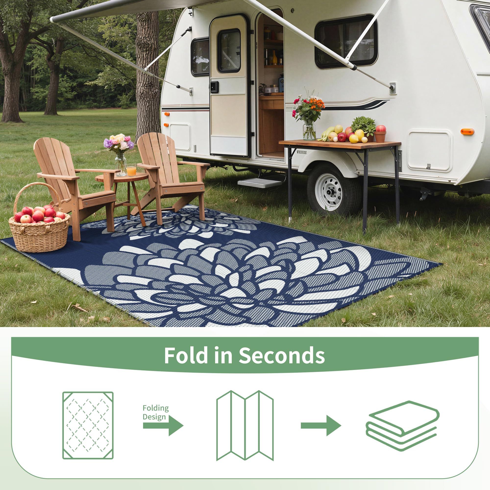 GENIMO alfombra en camping frente a autocaravana aportando superficie resistente y ligera