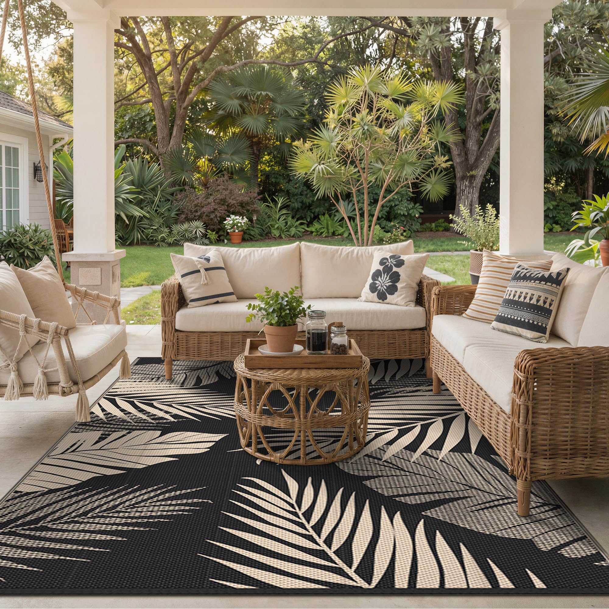 GENIMO alfombra en ambiente negro y beige integrando decoración exterior