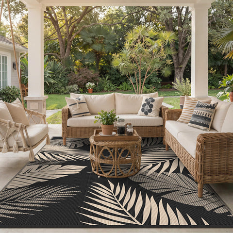 GENIMO alfombra en ambiente negro y beige integrando decoración exterior