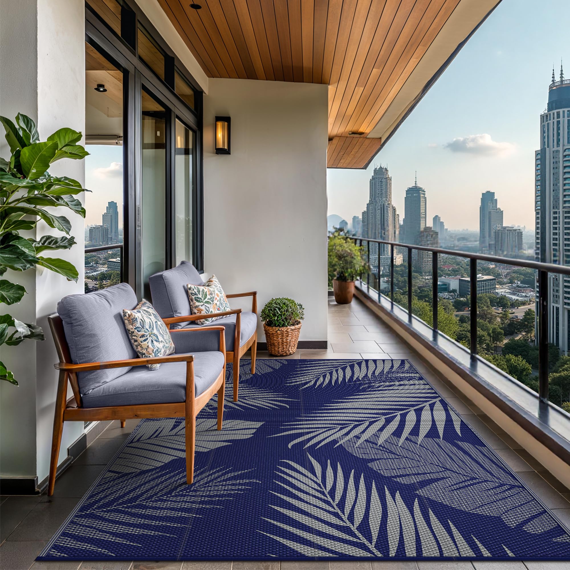 GENIMO alfombra colocada en patio con muebles mostrando ambiente acogedor