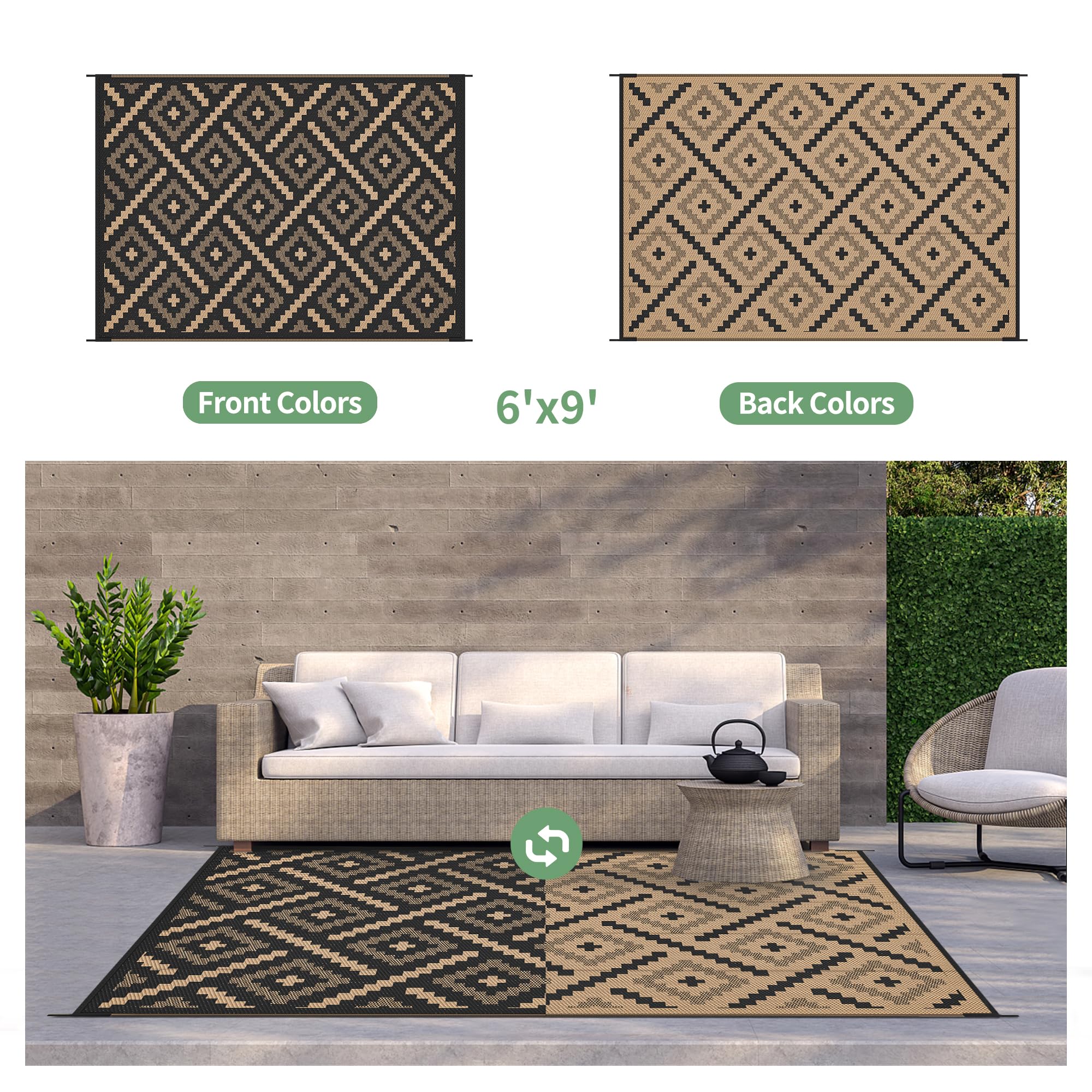 GENIMO alfombra colocada en patio con muebles, mejora estética y uso práctico en exteriores
