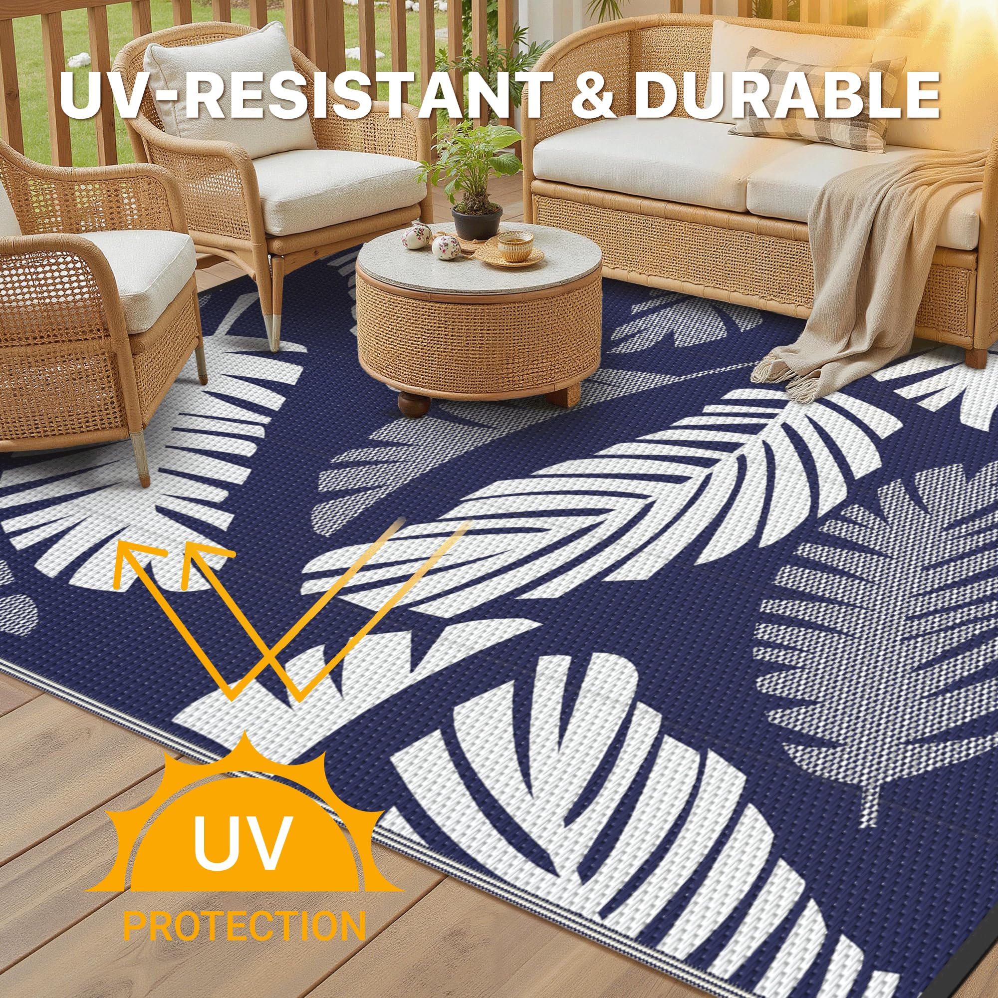 GENIMO alfombra instalada en patio con muebles, crea zona exterior cómoda