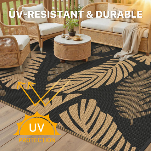 GENIMO alfombra en uso en patio con muebles, fácil limpieza y aspecto acogedor