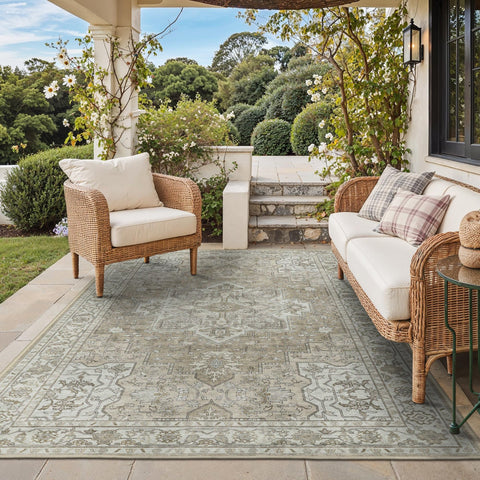 GENIMO alfombra frontal mostrada en café beige con estilo boho