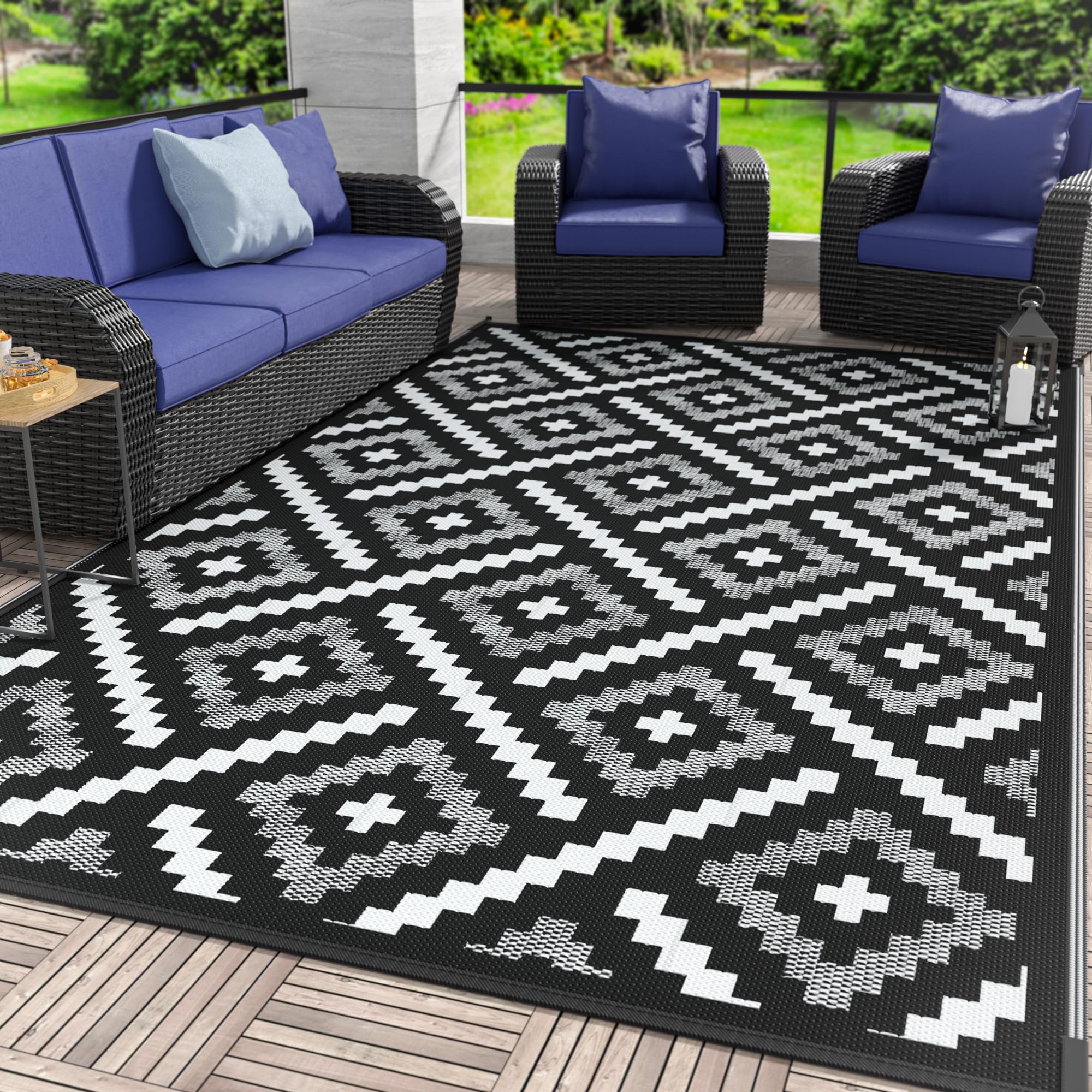 GENIMO alfombra frontal 6'x9' Ink White mostrando patrón reversible y beneficio estético