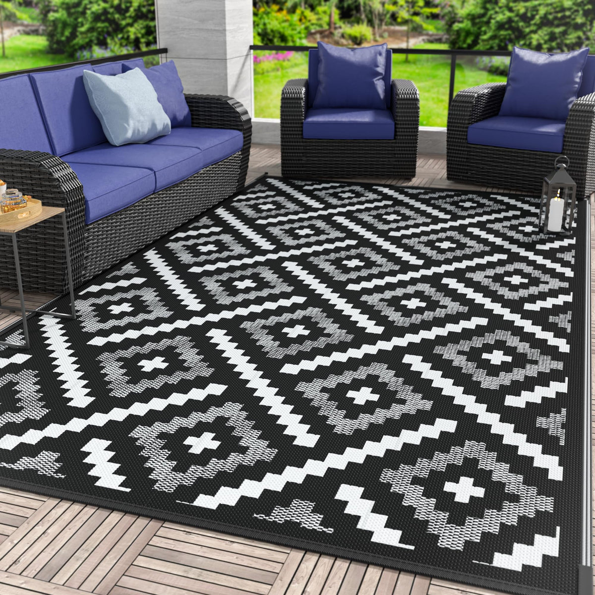 GENIMO alfombra frontal 6'x9' Ink White mostrando patrón reversible y beneficio estético
