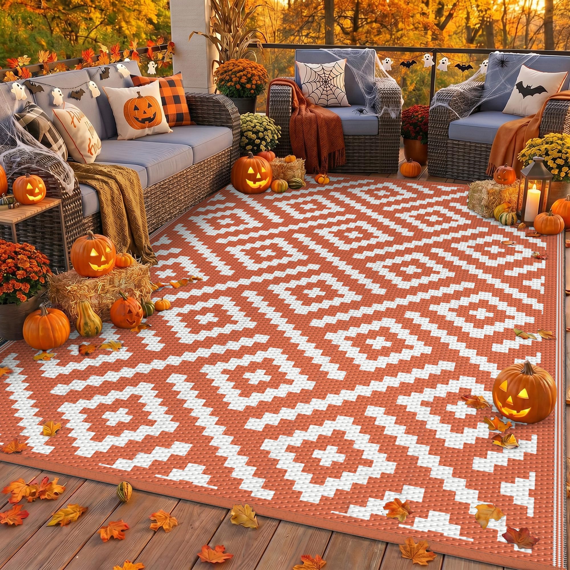 GENIMO alfombra exterior vista frontal con patrón naranja blanco y beneficio estético