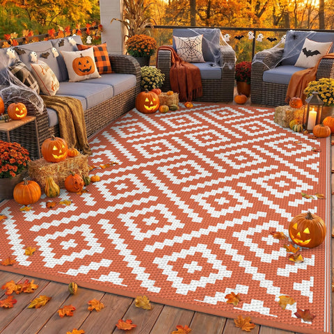 GENIMO alfombra exterior vista frontal con patrón naranja blanco y beneficio estético