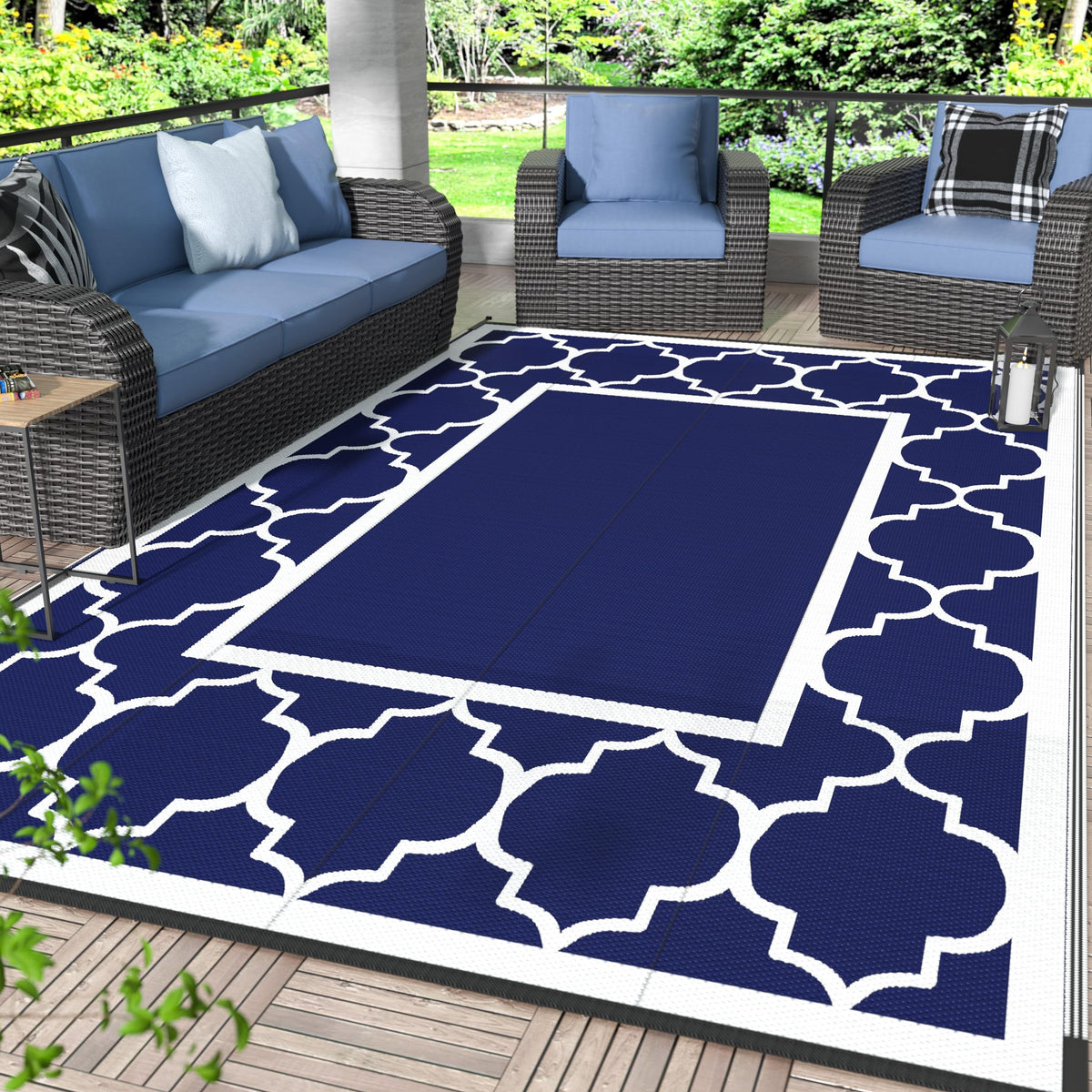 GENIMO alfombra exterior frente azul y blanco que embellece la terraza