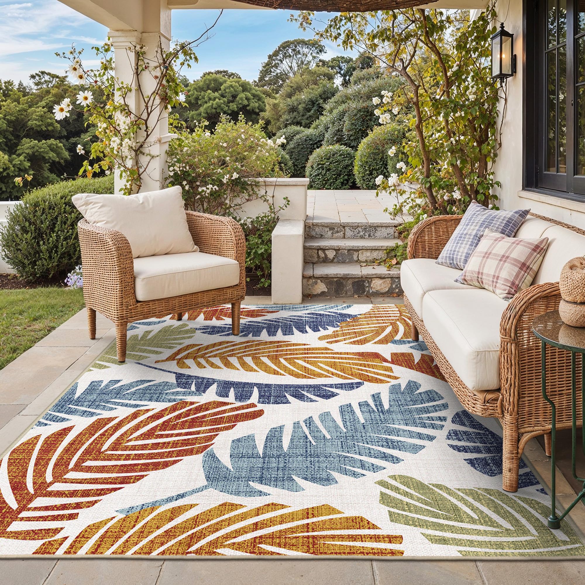 GENIMO alfombra exterior vista frontal con patrón Leaf Rust Navy y atractivo estético