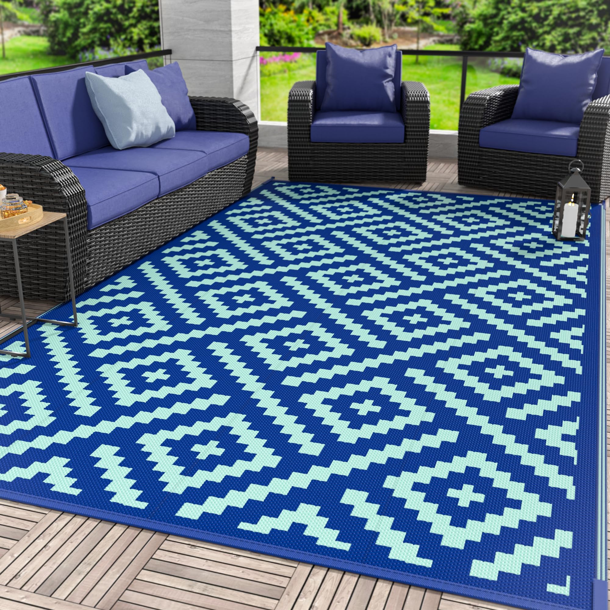GENIMO alfombra frontal azul real mostrando diseño reversible y estética