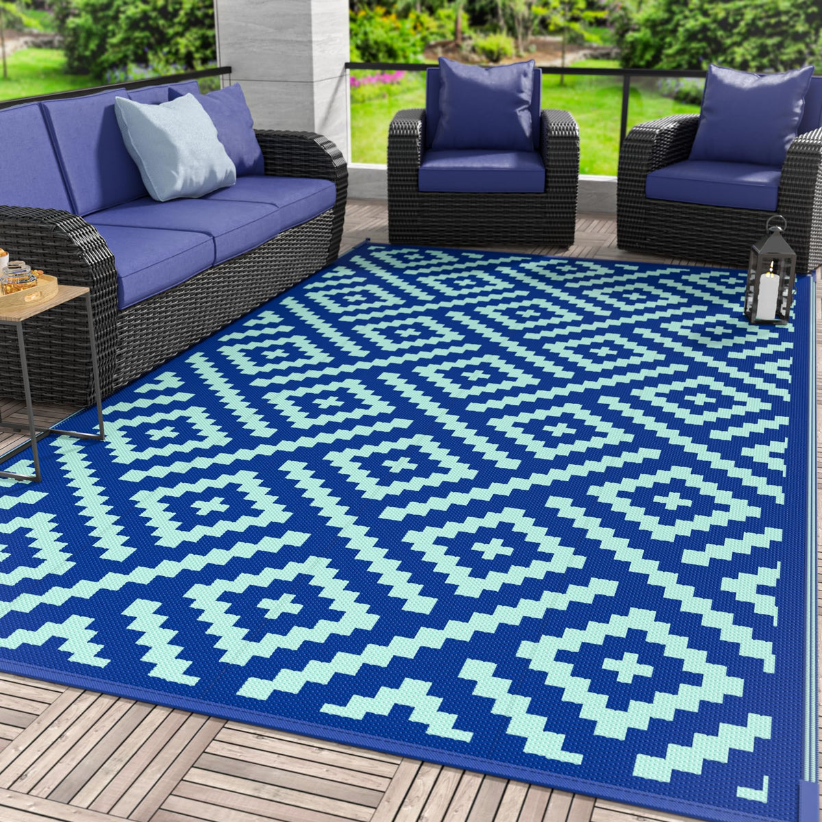 GENIMO alfombra frontal azul real mostrando diseño reversible y estética