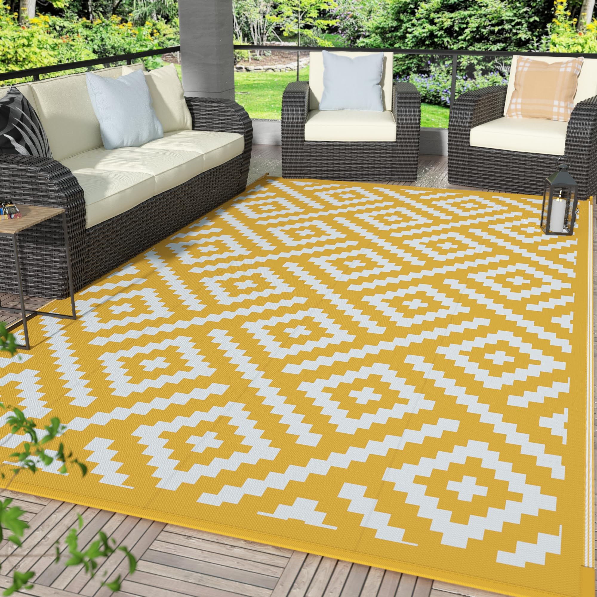 GENIMO alfombra frontal mostrando patrón amarillo blanco y beneficio estético