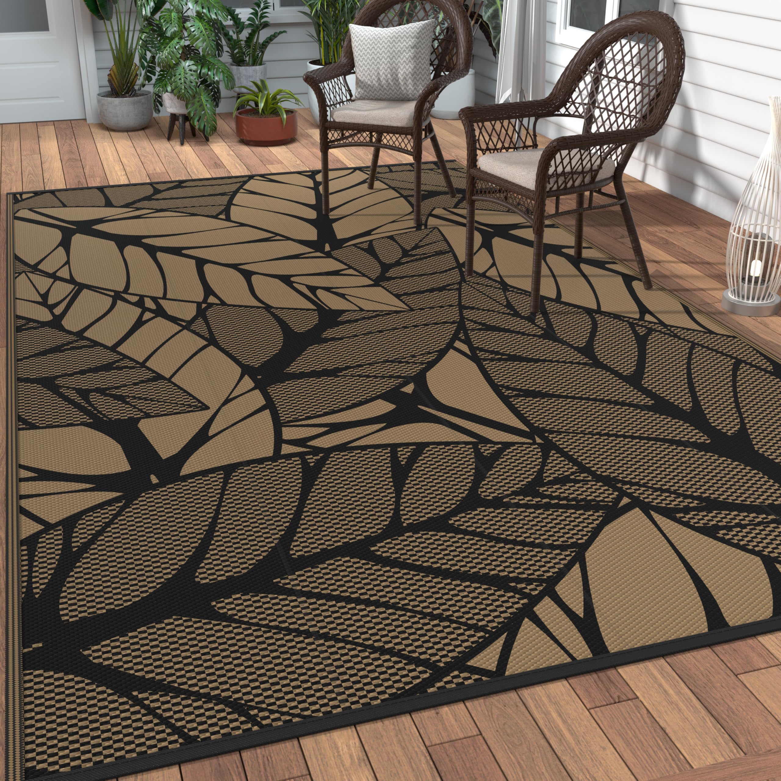 GENIMO alfombra exterior frontal mostrando diseño hojas de palma y estética