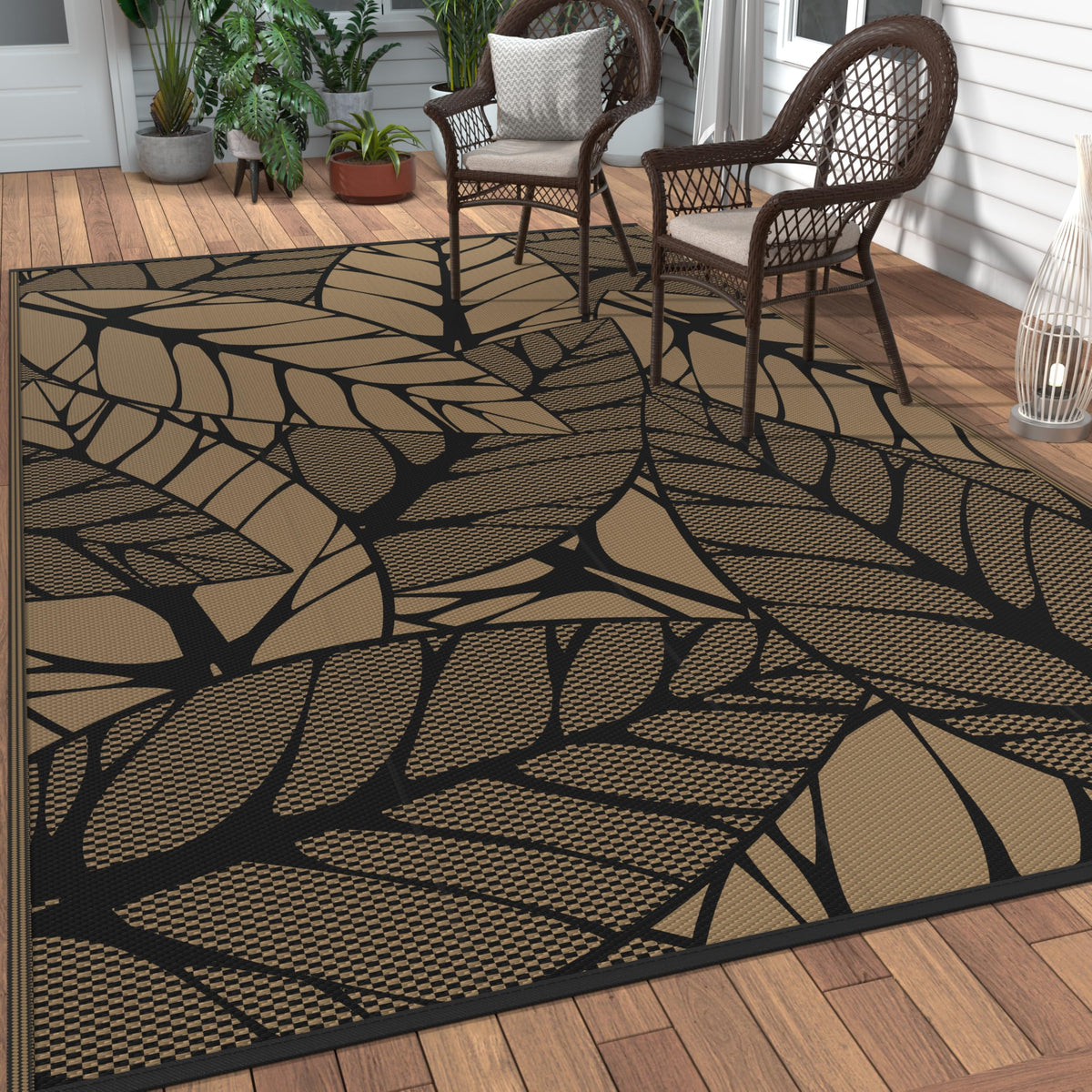 GENIMO alfombra exterior frontal mostrando diseño hojas de palma y estética