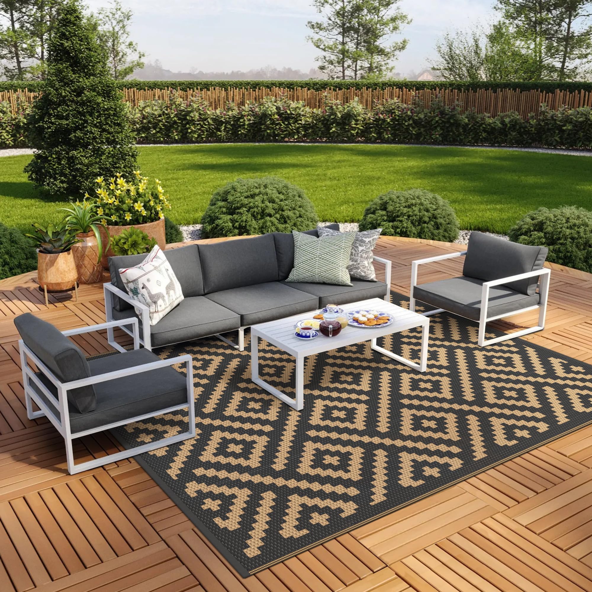GENIMO alfombra exterior frontal mostrando patrón reversible y colores prácticos