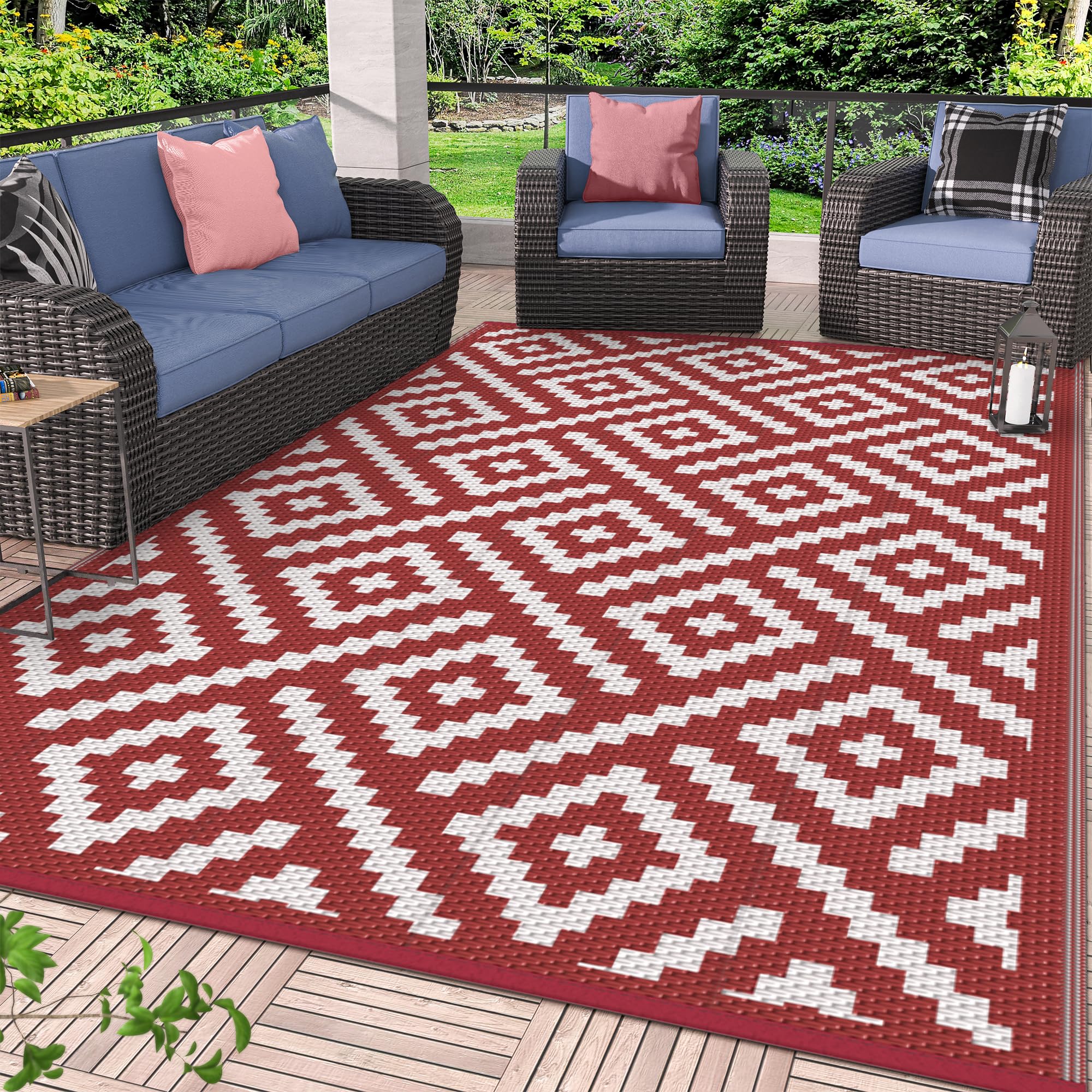 GENIMO alfombra exterior frontal mostrando patrón rojo y blanco y protección estética